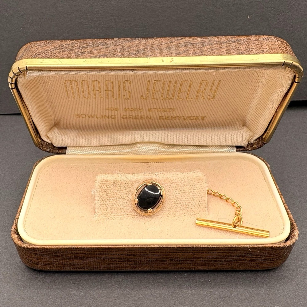 Vintage Black Onyx Tie Tack Chain & Bar Gold Tone Morris Jewelry w/ Original Box